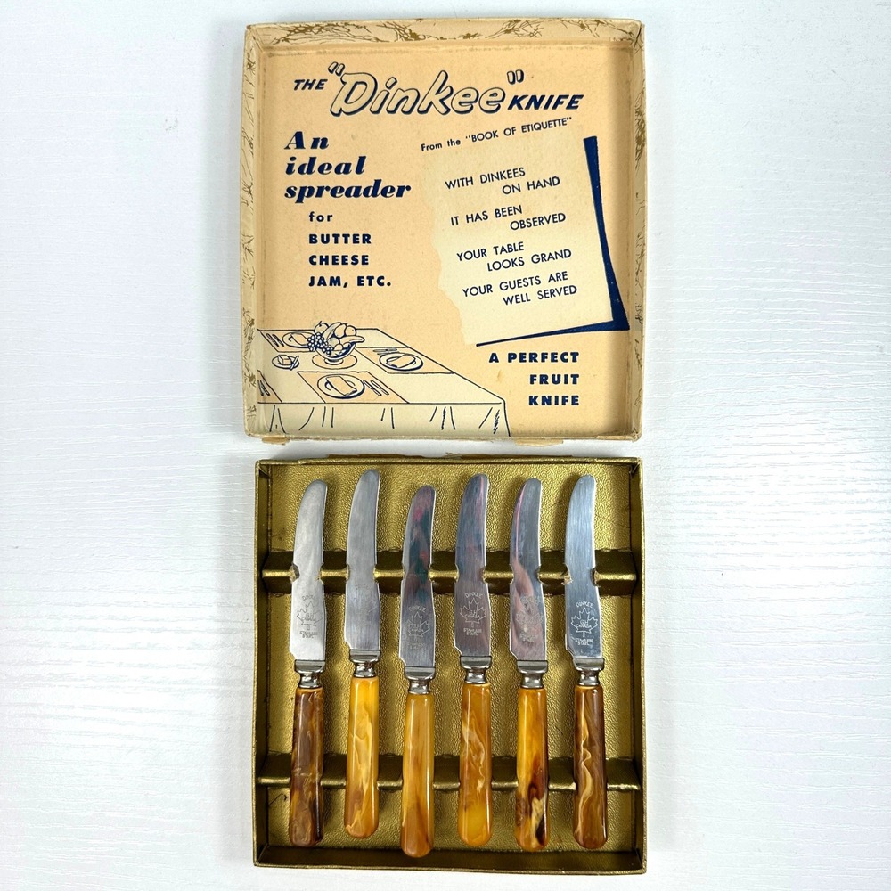 Mid Century Dinkee Knives Set 6 G.H. Canada Stainless Steel Spreaders in Box - Picture 3 of 10